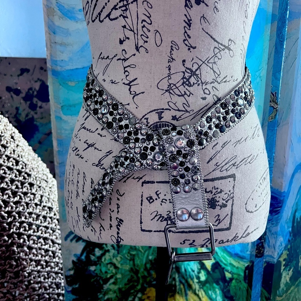 Long, seashell, jeweled, silver belt.